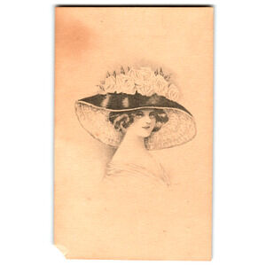 Glamour Beautiful Women In Large Oversize Victorian Flower Hat Vintage Postcard